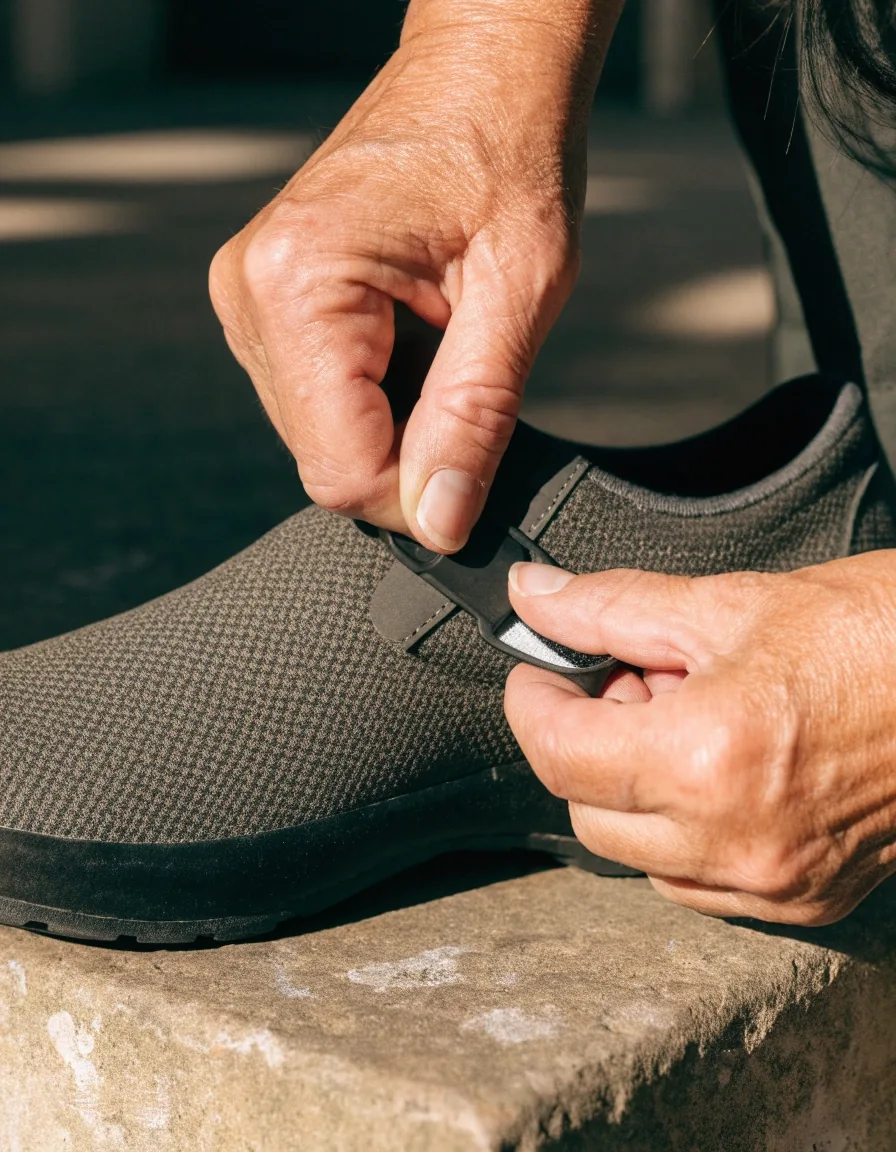 Manos ajustando una correa ancha de velcro sobre el empeine de un zapato bajo de paseo, sobre un escalón de piedra