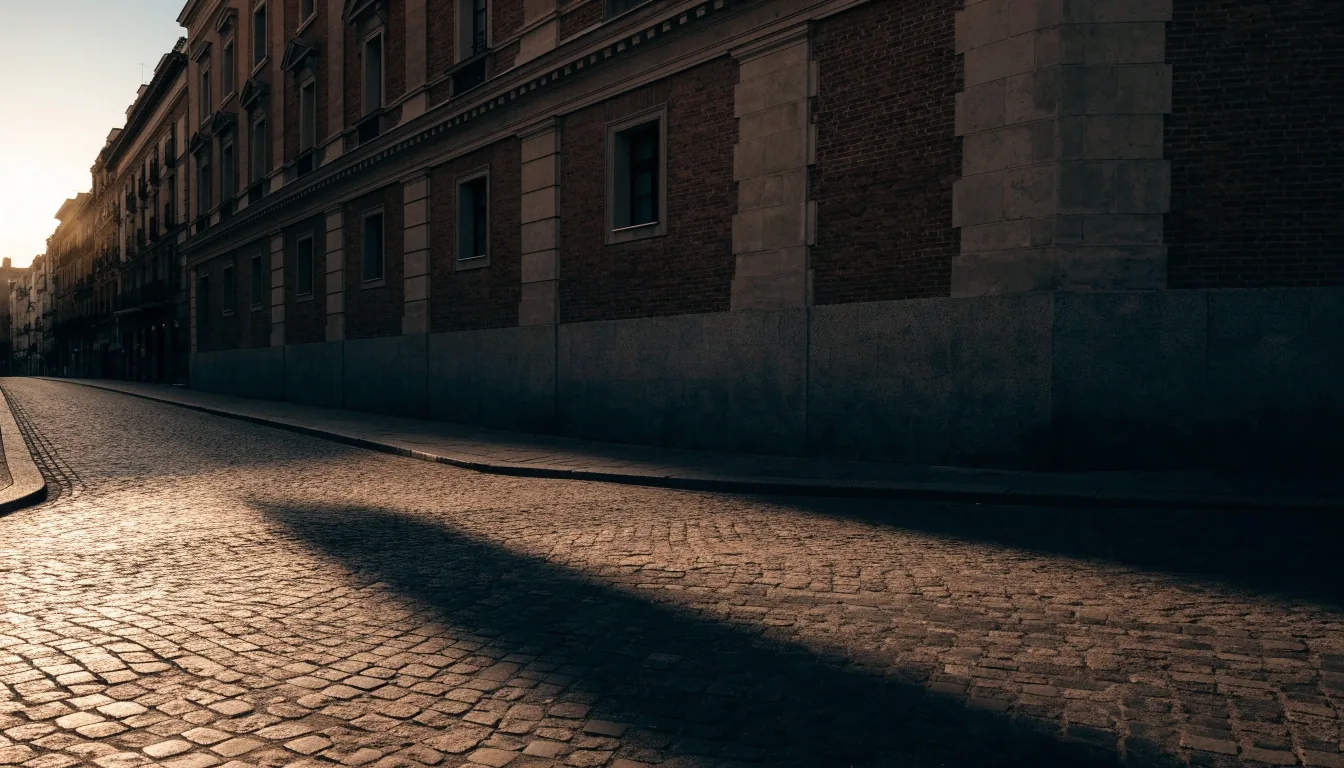 Calle de Madrid junto a una arcada de piedra al amanecer, con una sombra alargada sobre el pavimento y sin rótulos