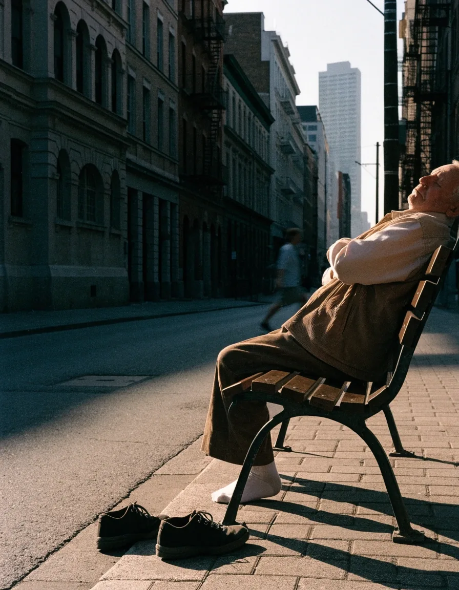Parada de descanso en un banco urbano durante un paseo de mañana