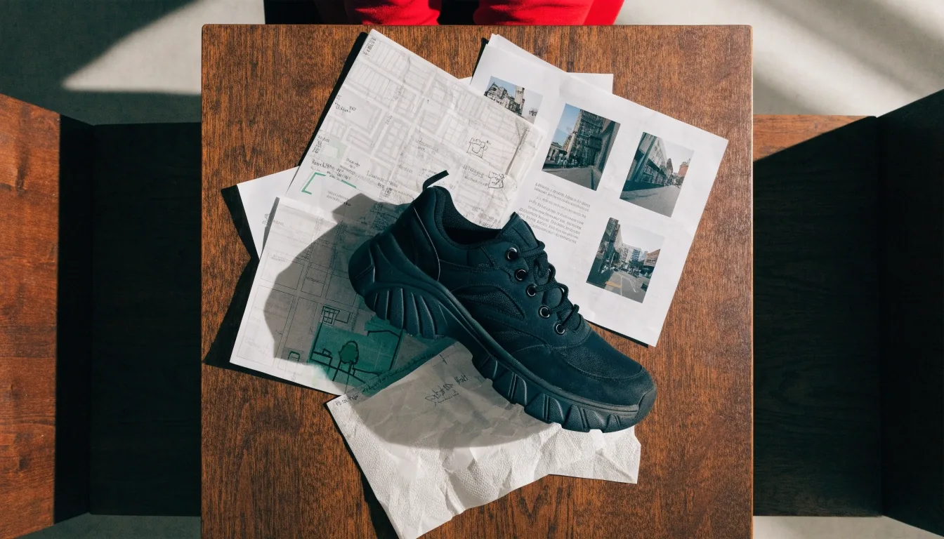 Mesa de trabajo editorial con notas de ruta y un zapato de paseo